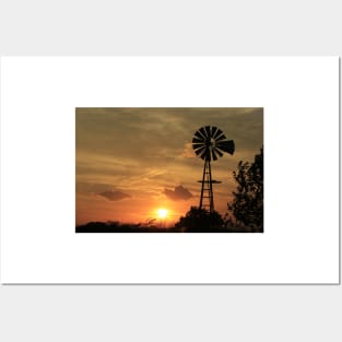 Kansas Colorful Sunset with Windmill Silhouette and clouds. Posters and Art